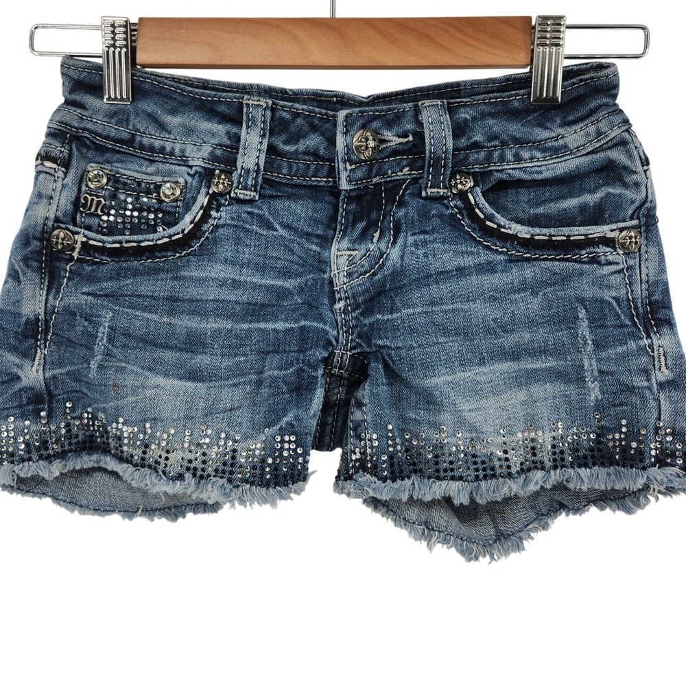 Miss Me Denim Shorts Womens 24 Rhinestone Studded Distressed Blue Festival